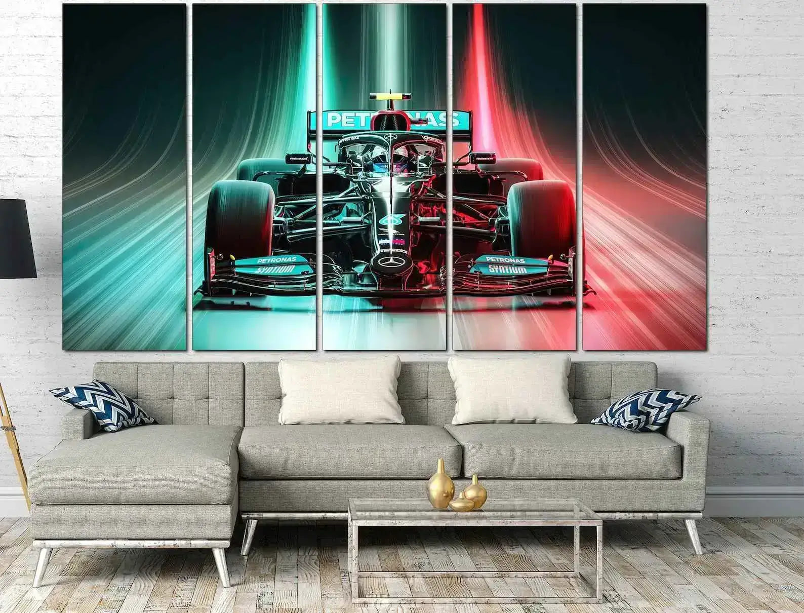 Racing car wall art display frame showing a Mercedes Formula 1 car, premium multi-panel wall decor for car model and motorsport fans.